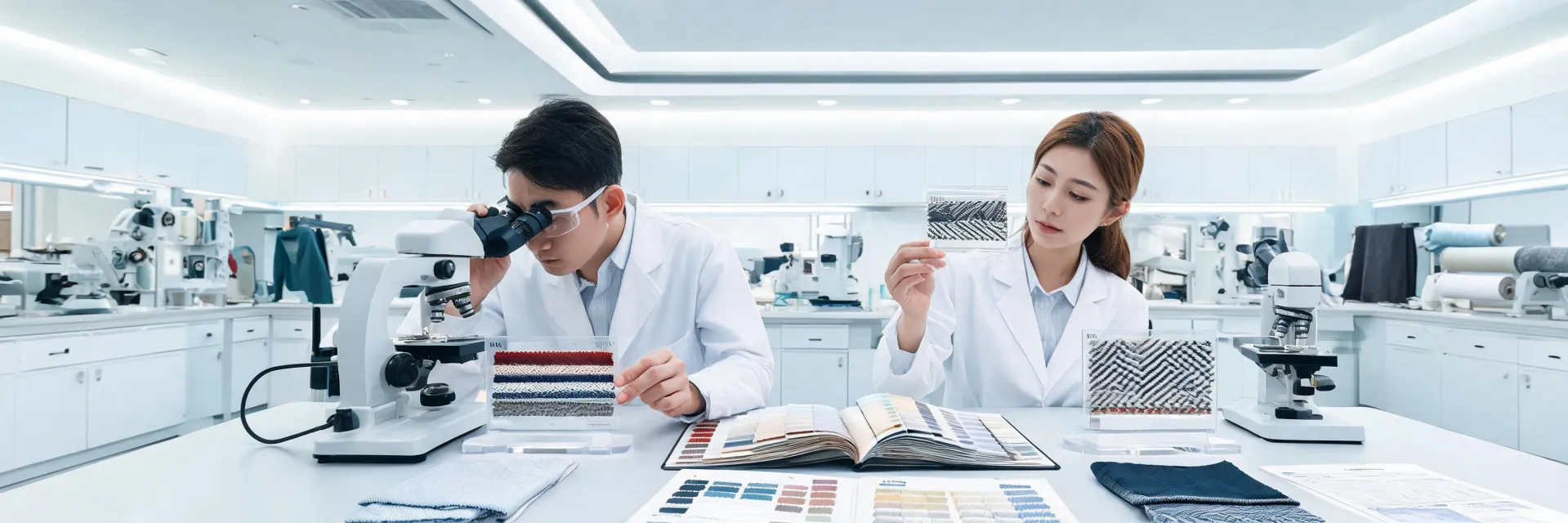 Textile specialists examining spun yarn and shirting fabric construction