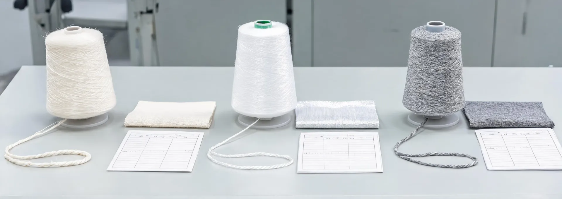Cotton and blended yarn samples in an spinning and weaving validation studio