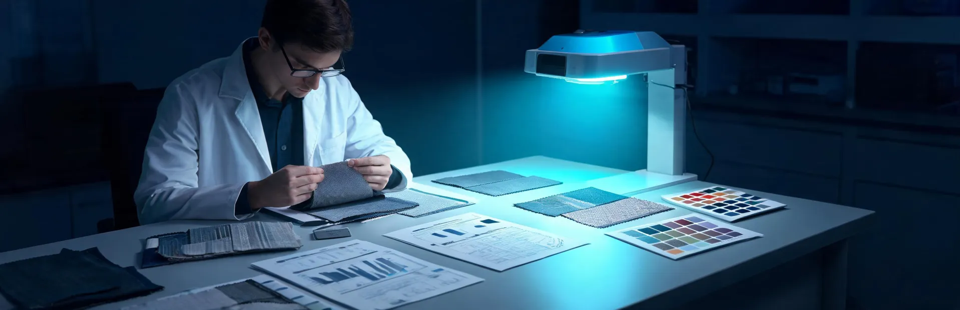 Material engineer reviewing shirting fabric test reports