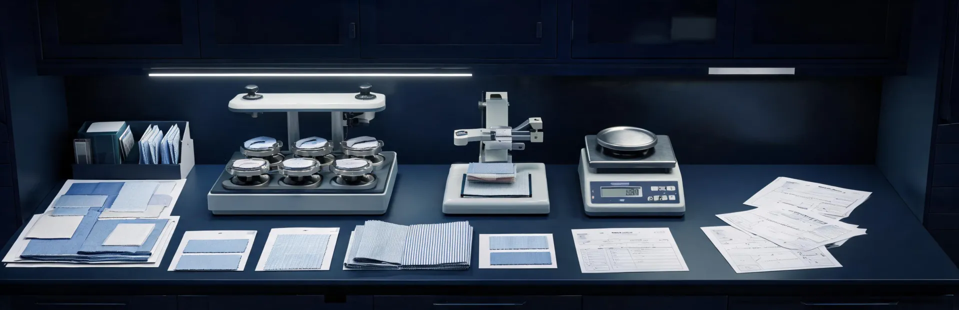 Accredited textile test bench with shirting fabric specimens